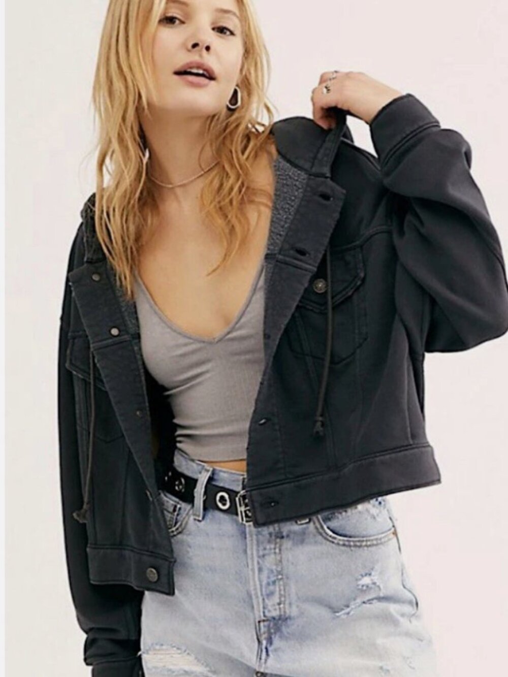 Free People Dreamer Hooded Cropped Jacket Womens Large Oversized